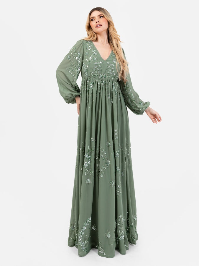 Maya Embellished Long Sleeve Chiffon Maxi Dress
