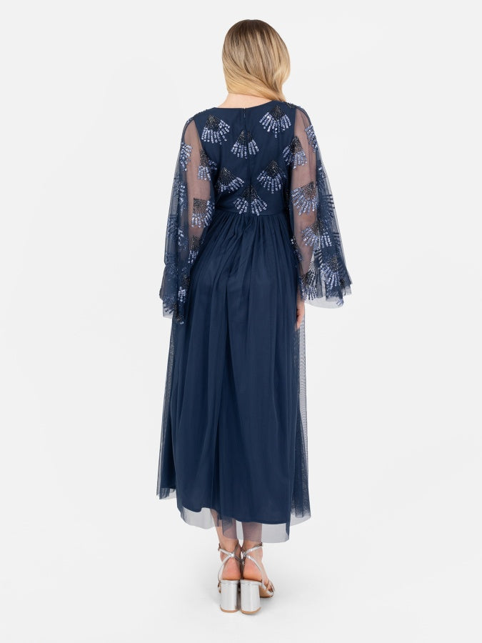 Maya Navy Embellished Cape Sleeve V Neck Midi Dress