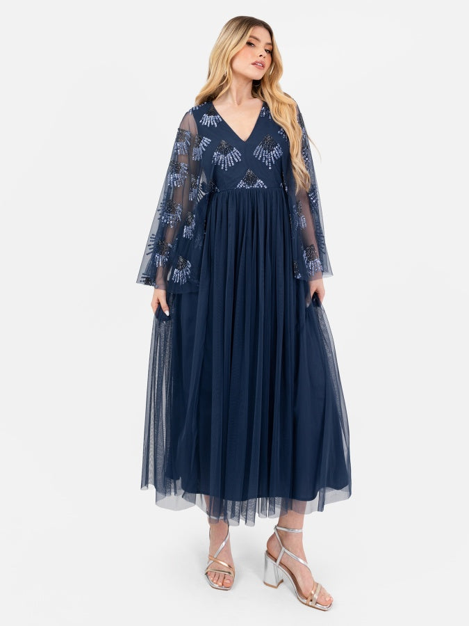 Maya Navy Embellished Cape Sleeve V Neck Midi Dress