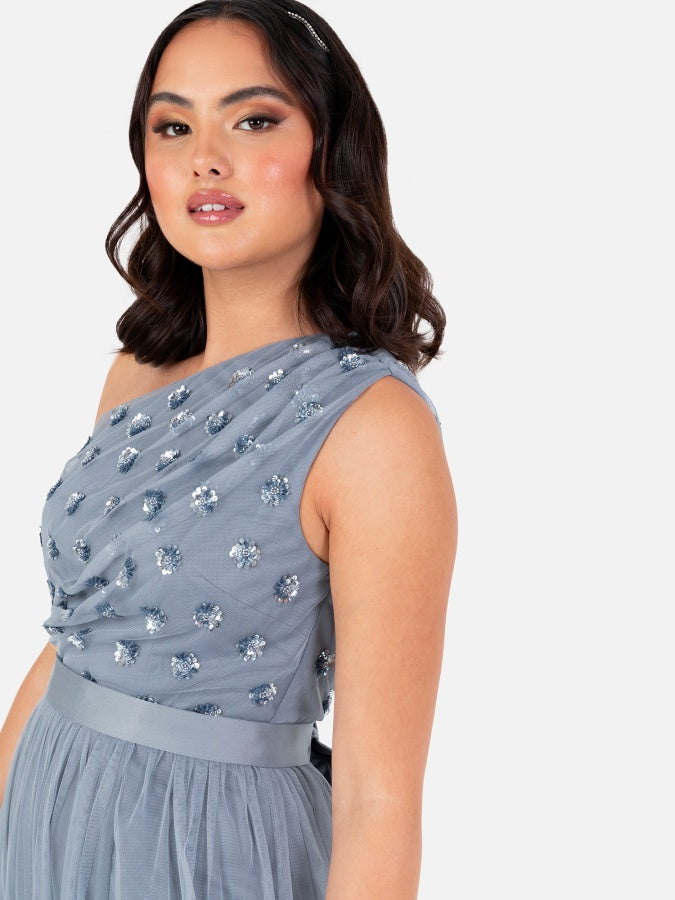 Maya Dusty Blue Floral Embellished One Shoulder Maxi Dress with Sash Belt