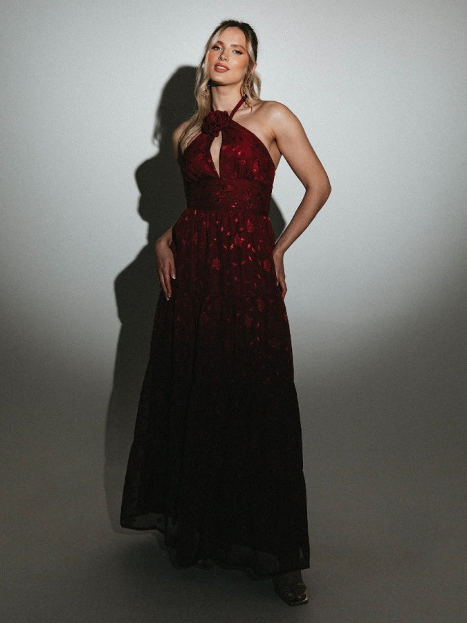 Maya Burgundy Corsage Halter Floral Maxi Dress