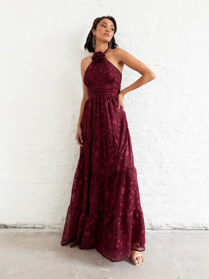 Maya Burgundy Corsage Halter Floral Maxi Dress
