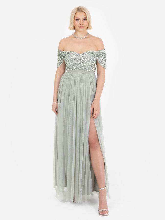 Maya Sage Green Embellished Sweetheart Bardot Maxi Dress with Skirt Split