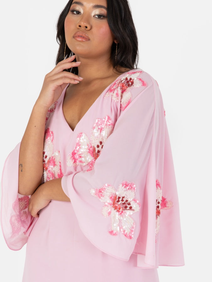 Maya Pink Floral Embellished Long Sleeve Maxi Dress