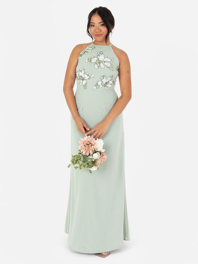 Maya Sage Green Floral Embellished Halter Neck Chiffon Maxi Dress