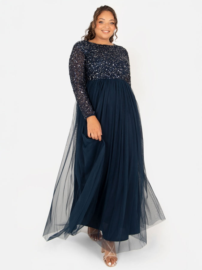 Maya Navy Embellished Long Sleeve Maxi Dress