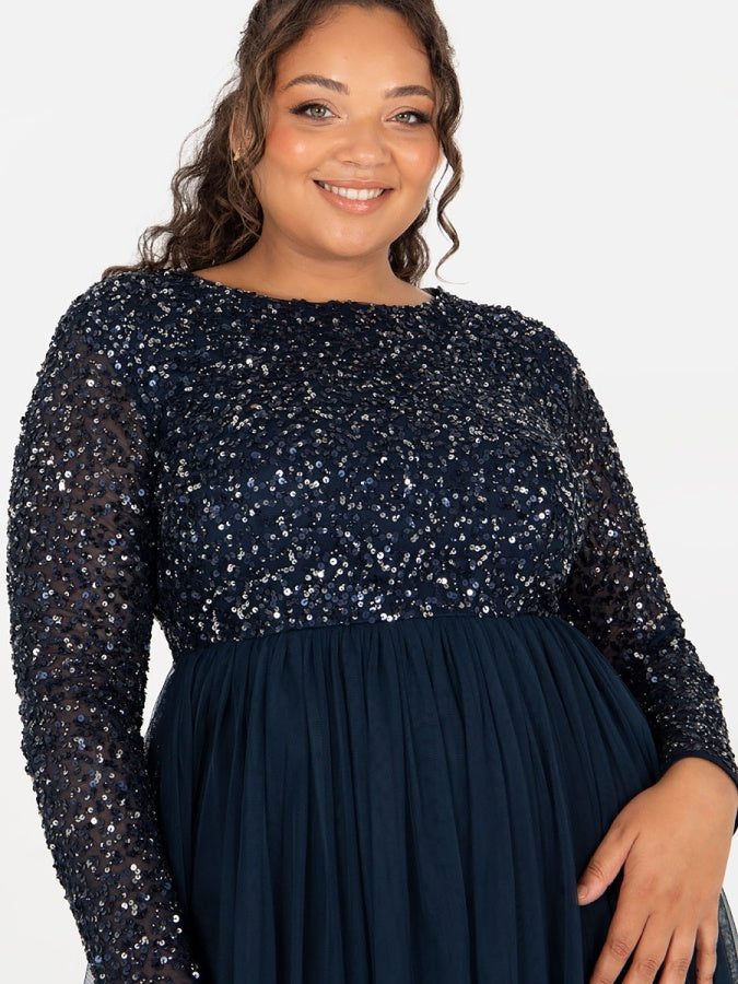 Maya Navy Embellished Long Sleeve Maxi Dress