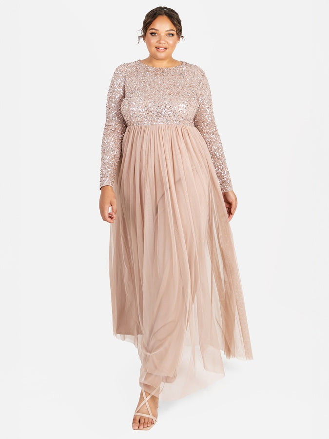 Maya Taupe Blush Embellished Long Sleeve Maxi Dress