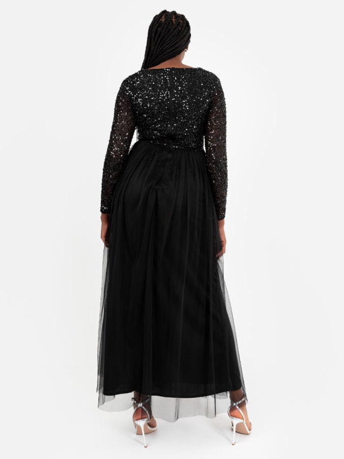Maya Black V Neck Embellished Long Sleeve Maxi Dress