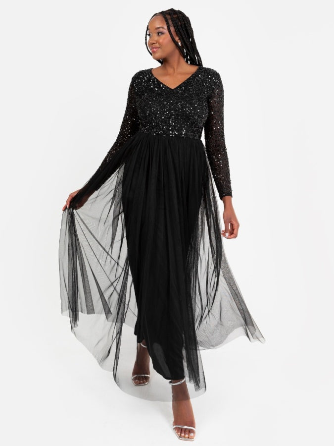 Maya Black V Neck Embellished Long Sleeve Maxi Dress