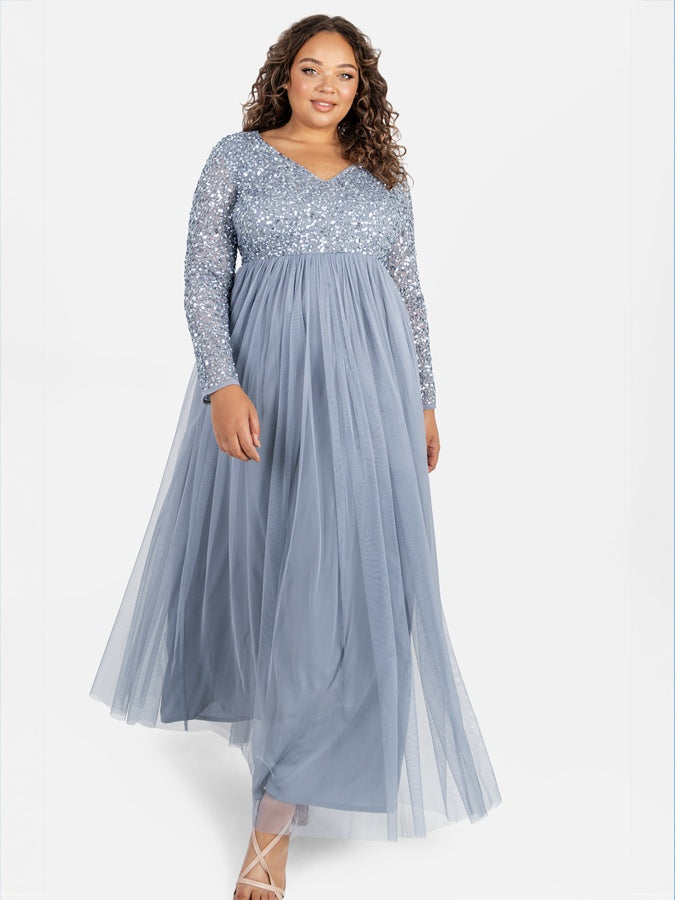 Maya Dusty Blue V Neck Embellished Long Sleeve Maxi Dress