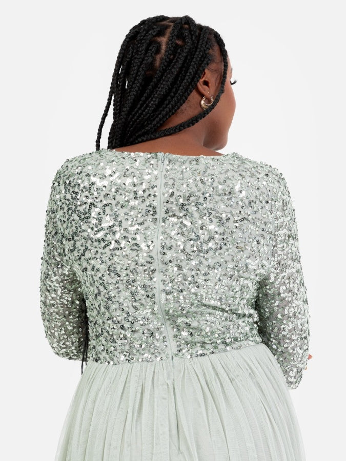 Maya Sage Green V Neck Embellished Long Sleeve Maxi Dress