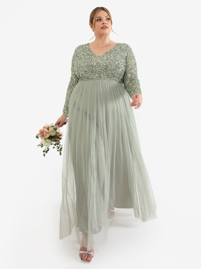 Maya Sage Green V Neck Embellished Long Sleeve Maxi Dress