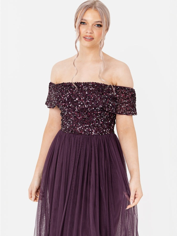 Maya Berry Bardot Embellished Maxi Dress