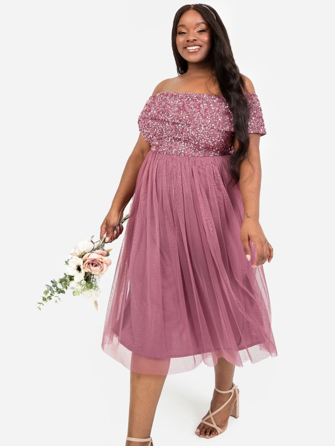 Maya Desert Rose Bardot Embellished Midi Dress