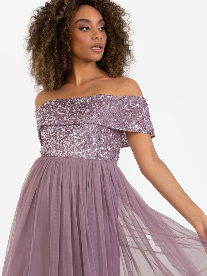 Maya Moody Lilac Bardot Embellished Midi Dress