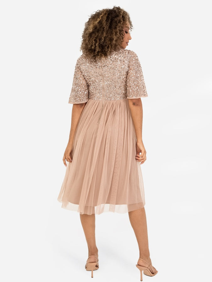 Maya Taupe Blush Short Flutter Sleeve Embellished Midi Dress