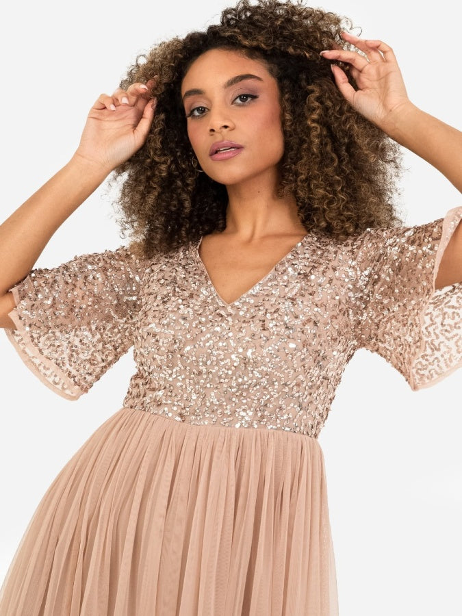 Maya Taupe Blush Short Flutter Sleeve Embellished Midi Dress