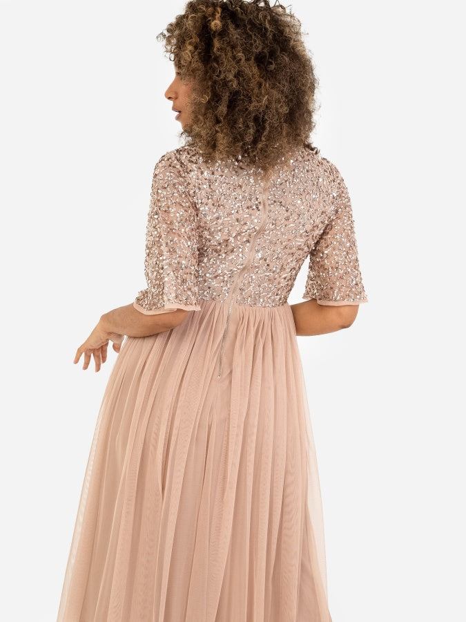 Maya Taupe Blush Short Flutter Sleeve Embellished Midi Dress