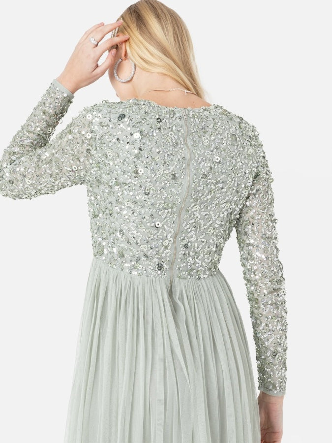 Maya Sage Green Faux Wrap Front Embellished Maxi Dress