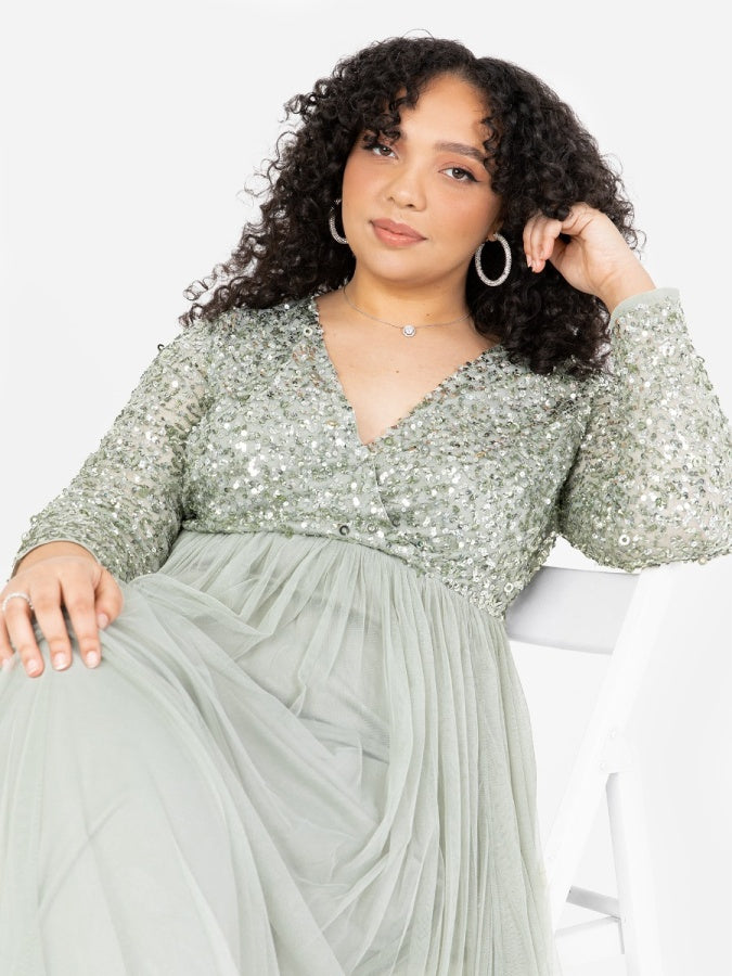 Maya Sage Green Faux Wrap Front Embellished Maxi Dress