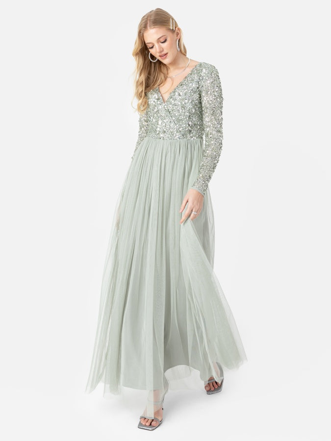 Maya Sage Green Faux Wrap Front Embellished Maxi Dress