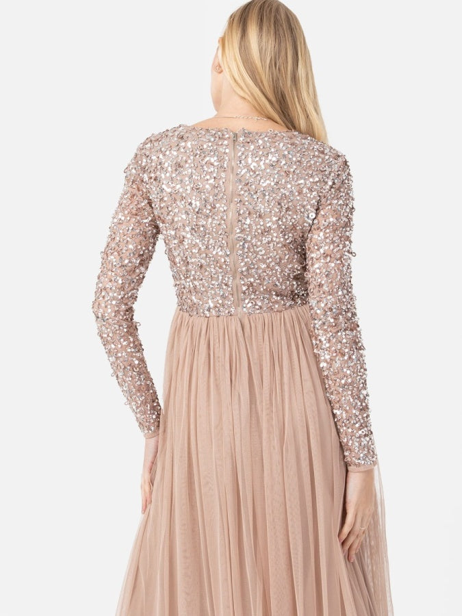 Maya Taupe Blush Faux Warp Front Embellished Maxi Dress