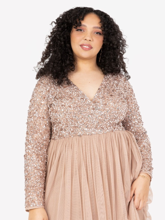 Maya Taupe Blush Faux Warp Front Embellished Maxi Dress