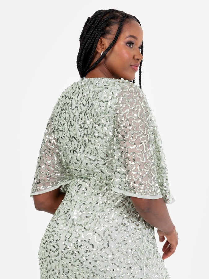 Maya Sage Green Fully Embellished Faux Wrap Maxi Dress