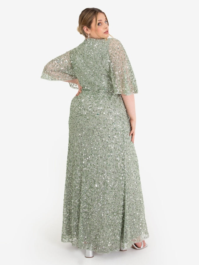 Maya Sage Green Fully Embellished Faux Wrap Maxi Dress