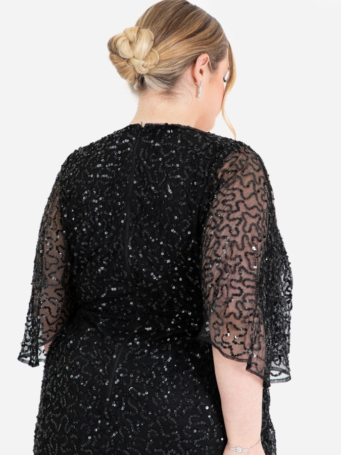Maya Black Fully Embellished Faux Wrap Midi Dress