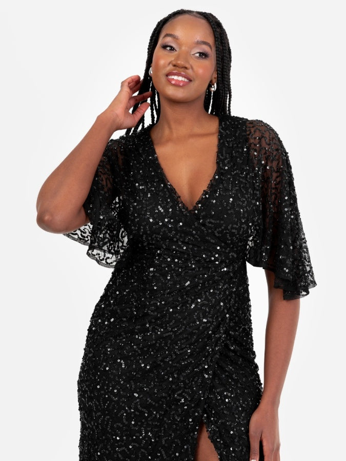 Maya Black Fully Embellished Faux Wrap Midi Dress