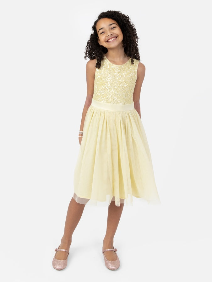 Mini Maya Pale Yellow Delicate Sequin Midi Dress With Bow