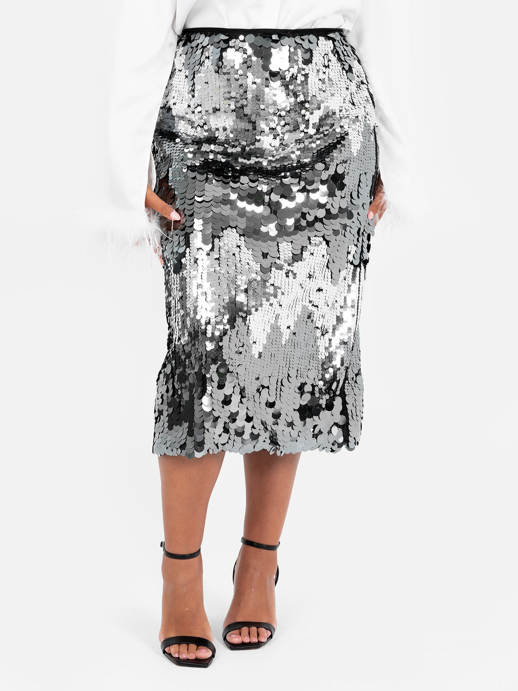 Lovedrobe Zig-Zag Silver Sequin Midi Skirt
