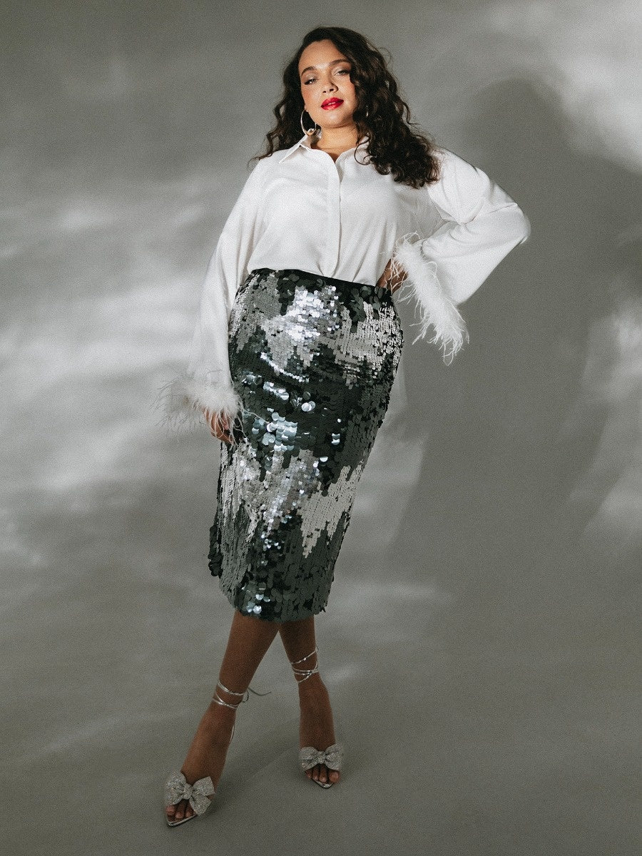 Lovedrobe Zig-Zag Silver Sequin Midi Skirt