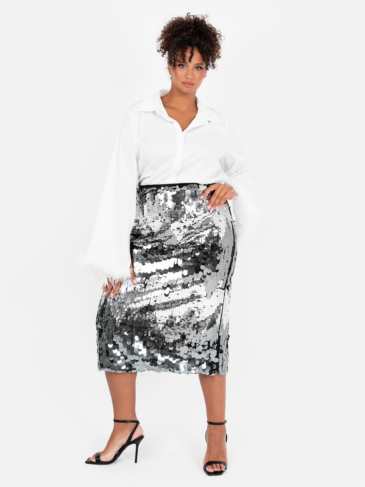 Lovedrobe Zig-Zag Silver Sequin Midi Skirt