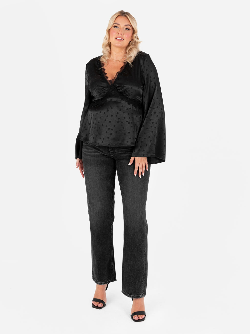 Lovedrobe Black Polka Dot Maxi Sleeve Satin Top
