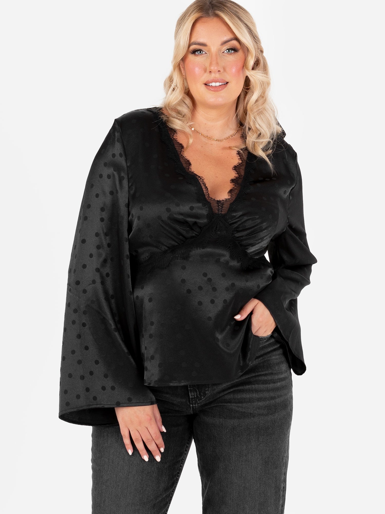 Lovedrobe Black Polka Dot Maxi Sleeve Satin Top