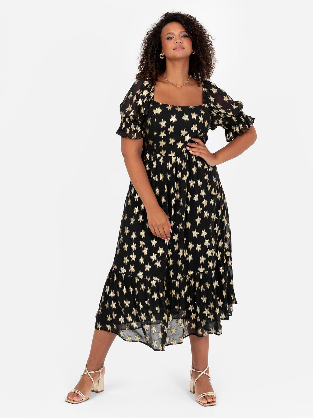 Lovedrobe Gold Star Square Neck Black Midi Dress