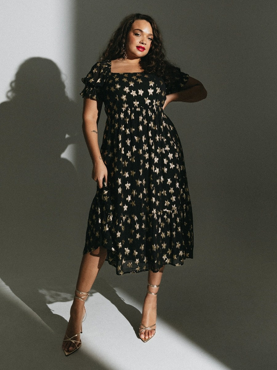 Lovedrobe Gold Star Square Neck Black Midi Dress