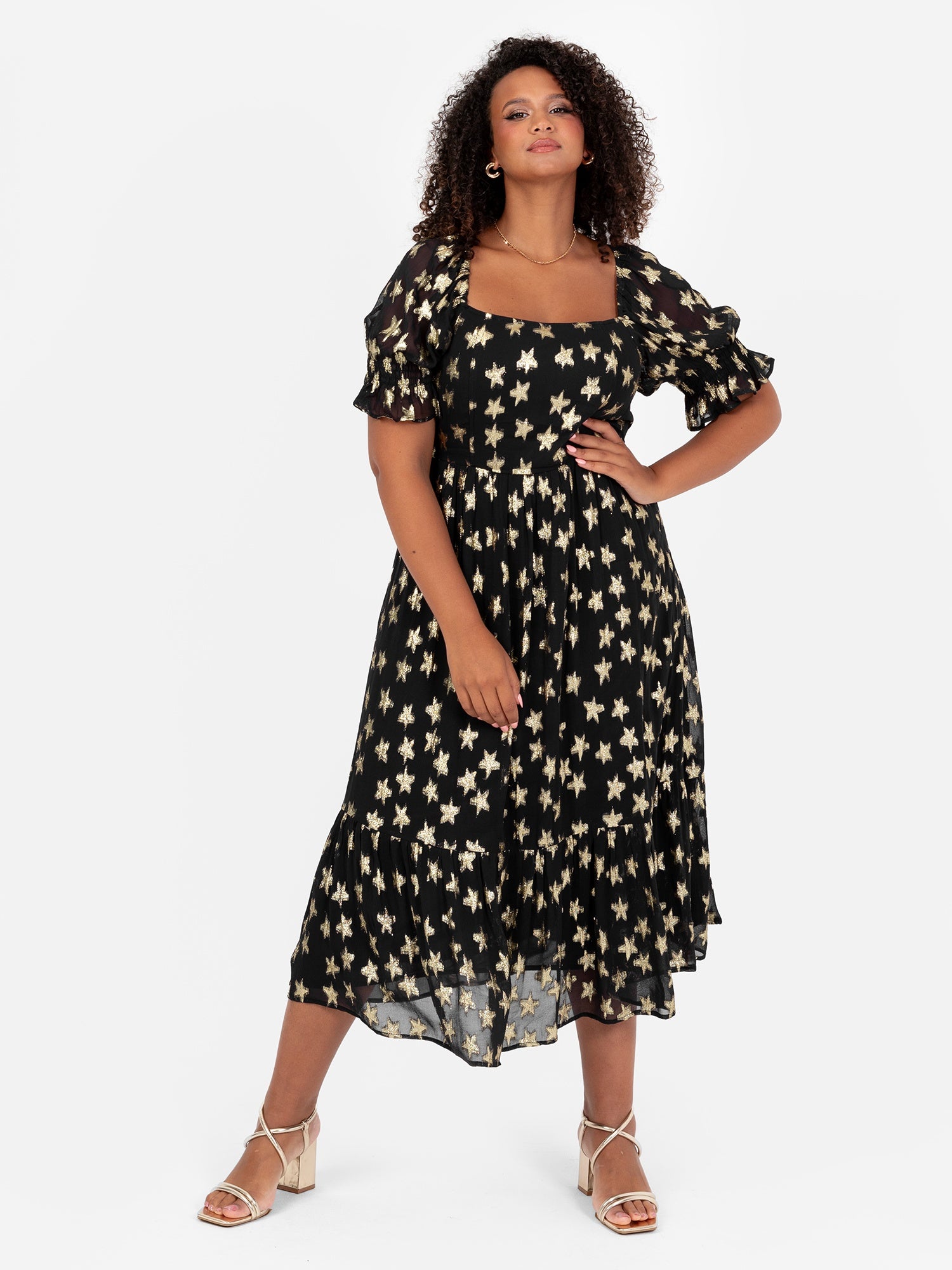 Lovedrobe Gold Star Square Neck Black Midi Dress