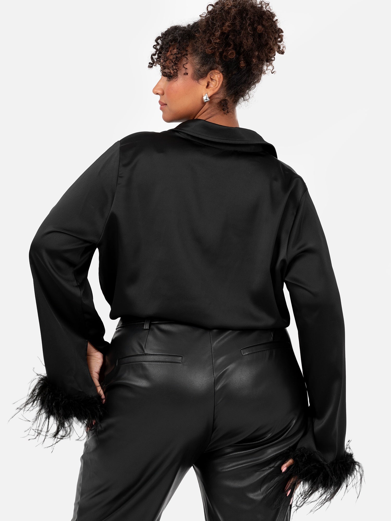 Lovedrobe Black Satin Shirt with Feather Cuffs