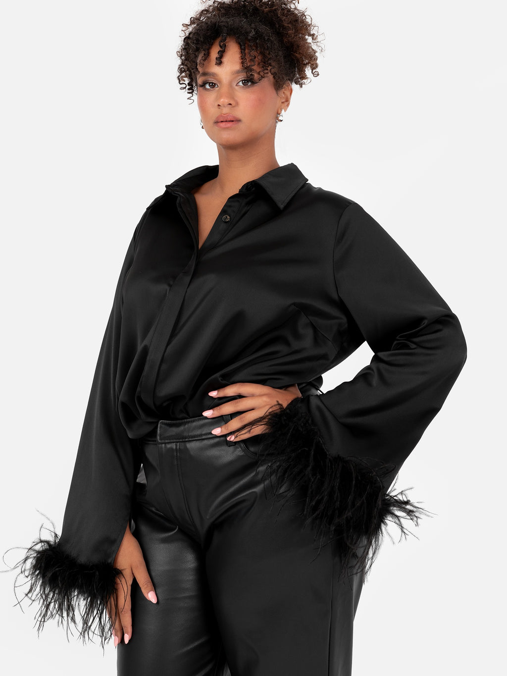 Lovedrobe Black Satin Shirt with Feather Cuffs