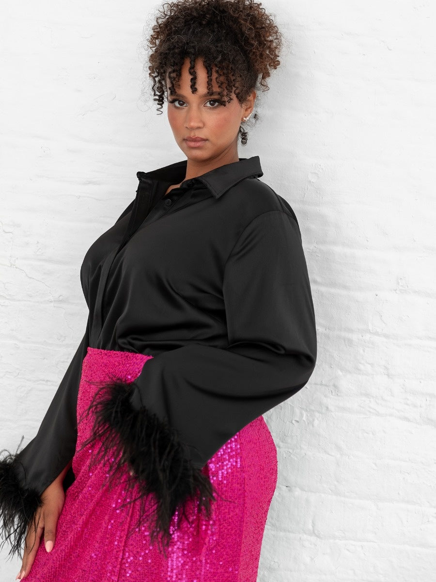 Lovedrobe Black Satin Shirt with Feather Cuffs