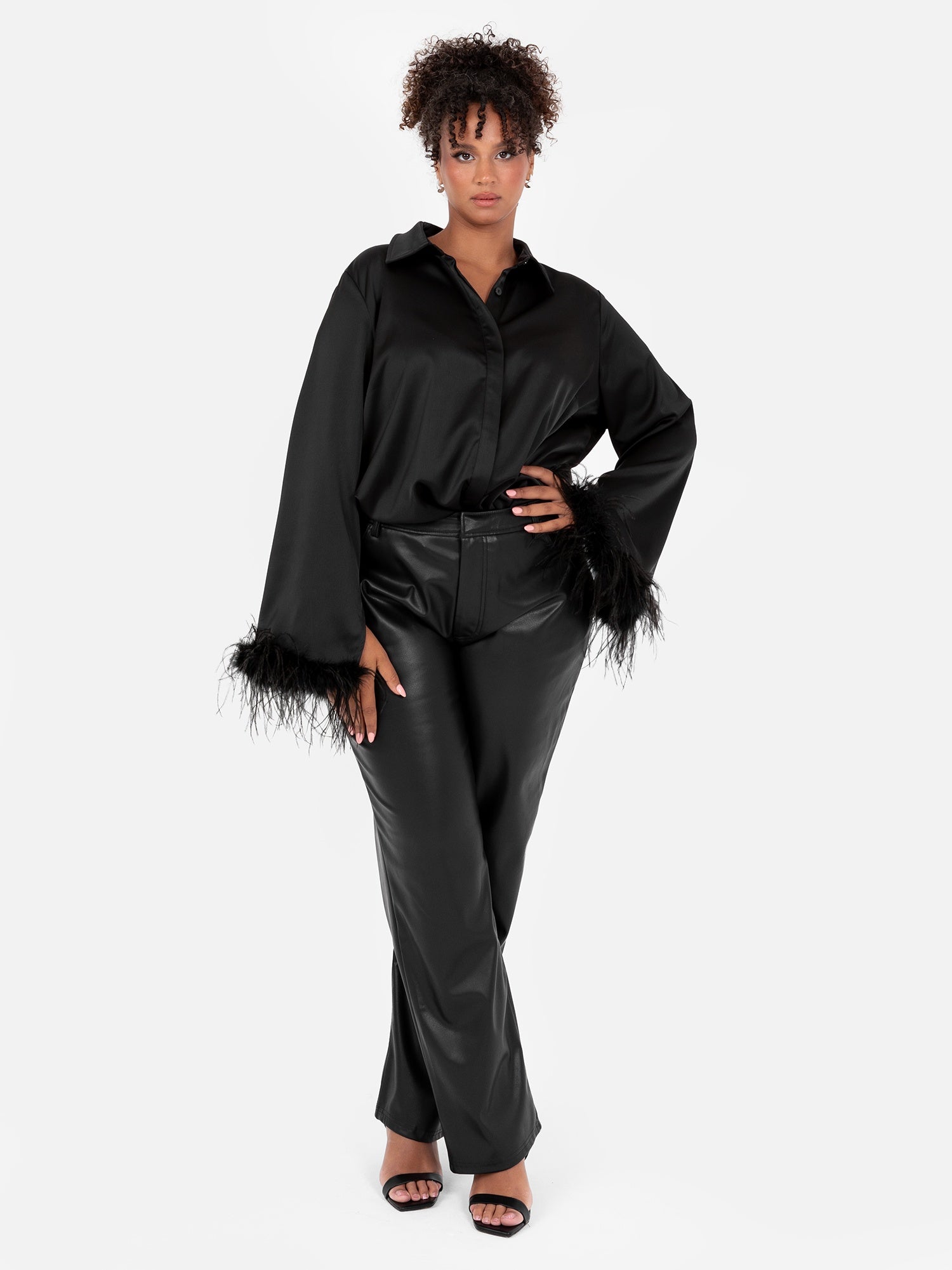 Lovedrobe Black Satin Shirt with Feather Cuffs