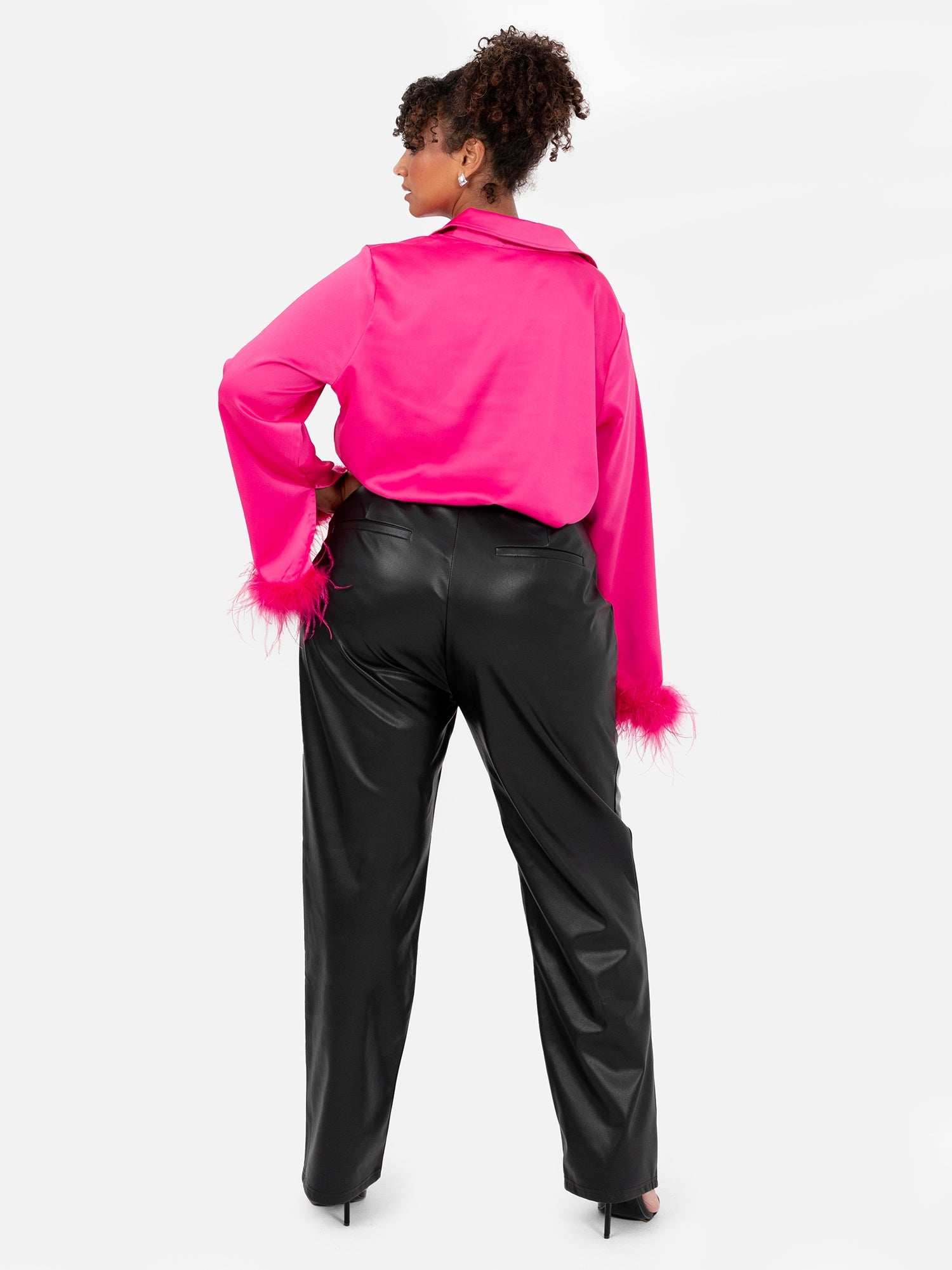 Lovedrobe Fuchsia Satin Shirt with Feather Cuffs
