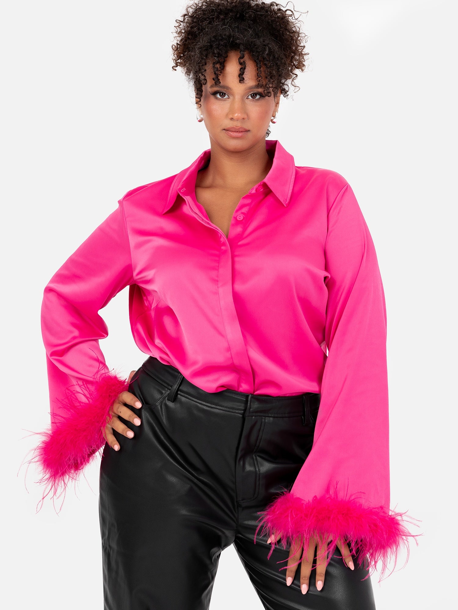 Lovedrobe Fuchsia Satin Shirt with Feather Cuffs