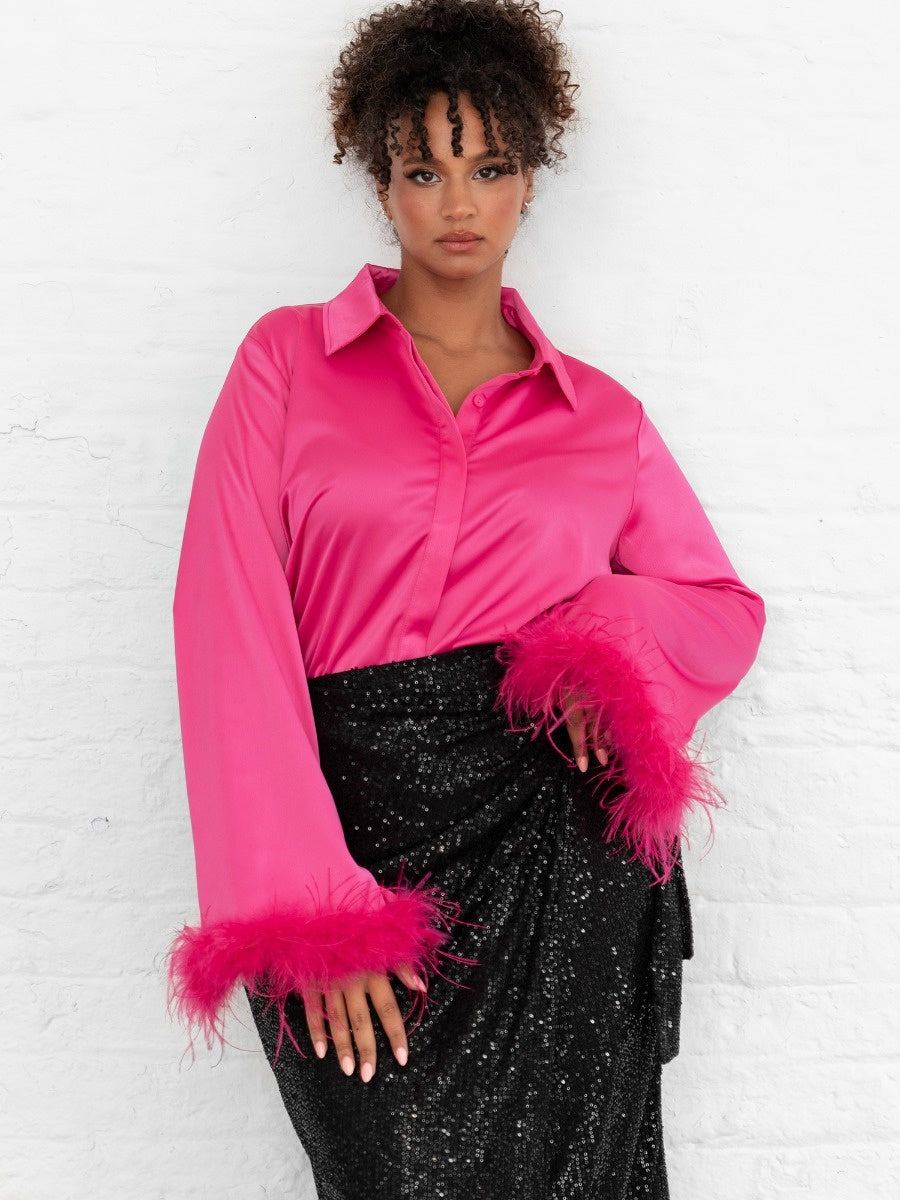 Lovedrobe Fuchsia Satin Shirt with Feather Cuffs