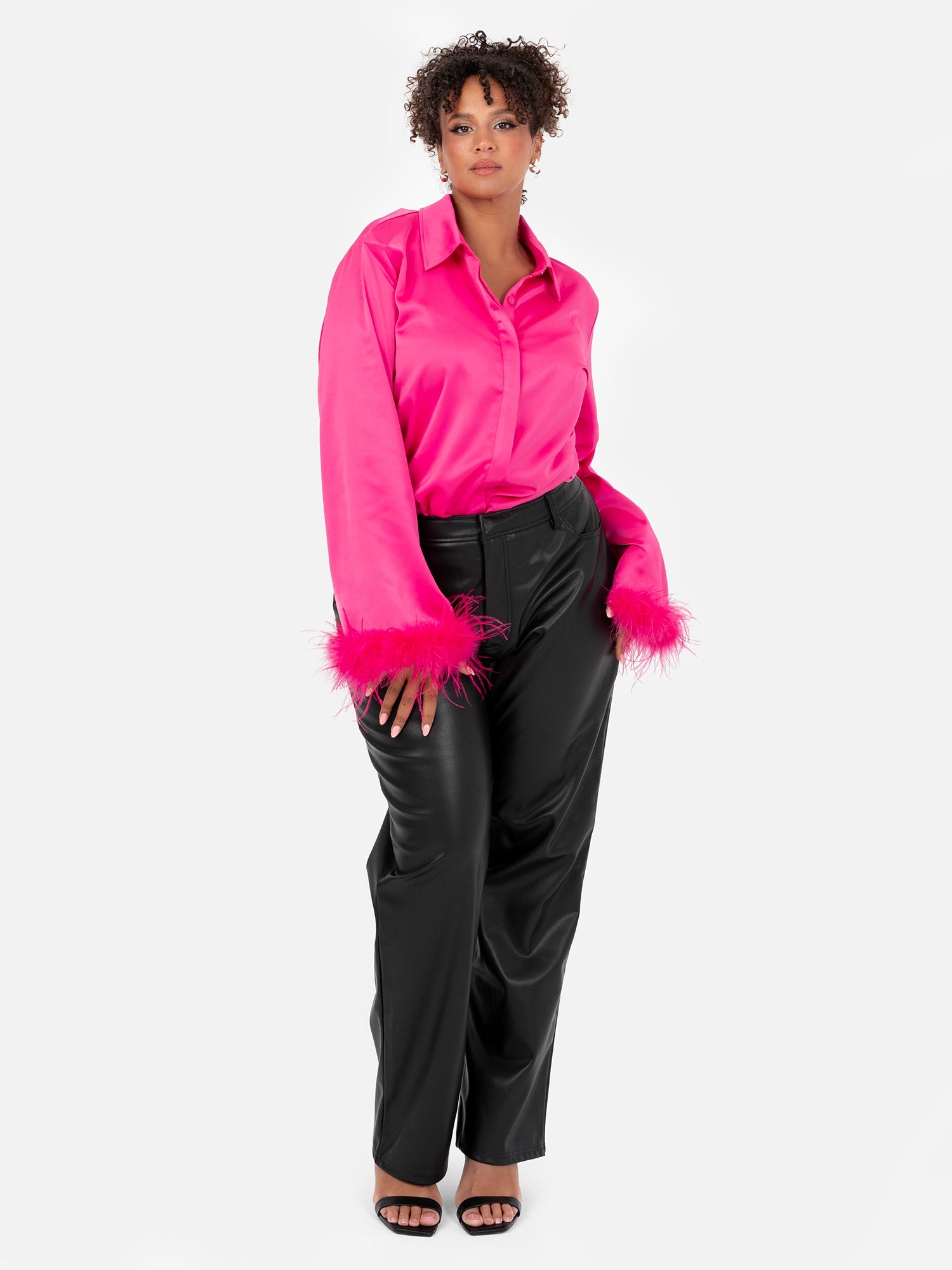 Lovedrobe Fuchsia Satin Shirt with Feather Cuffs