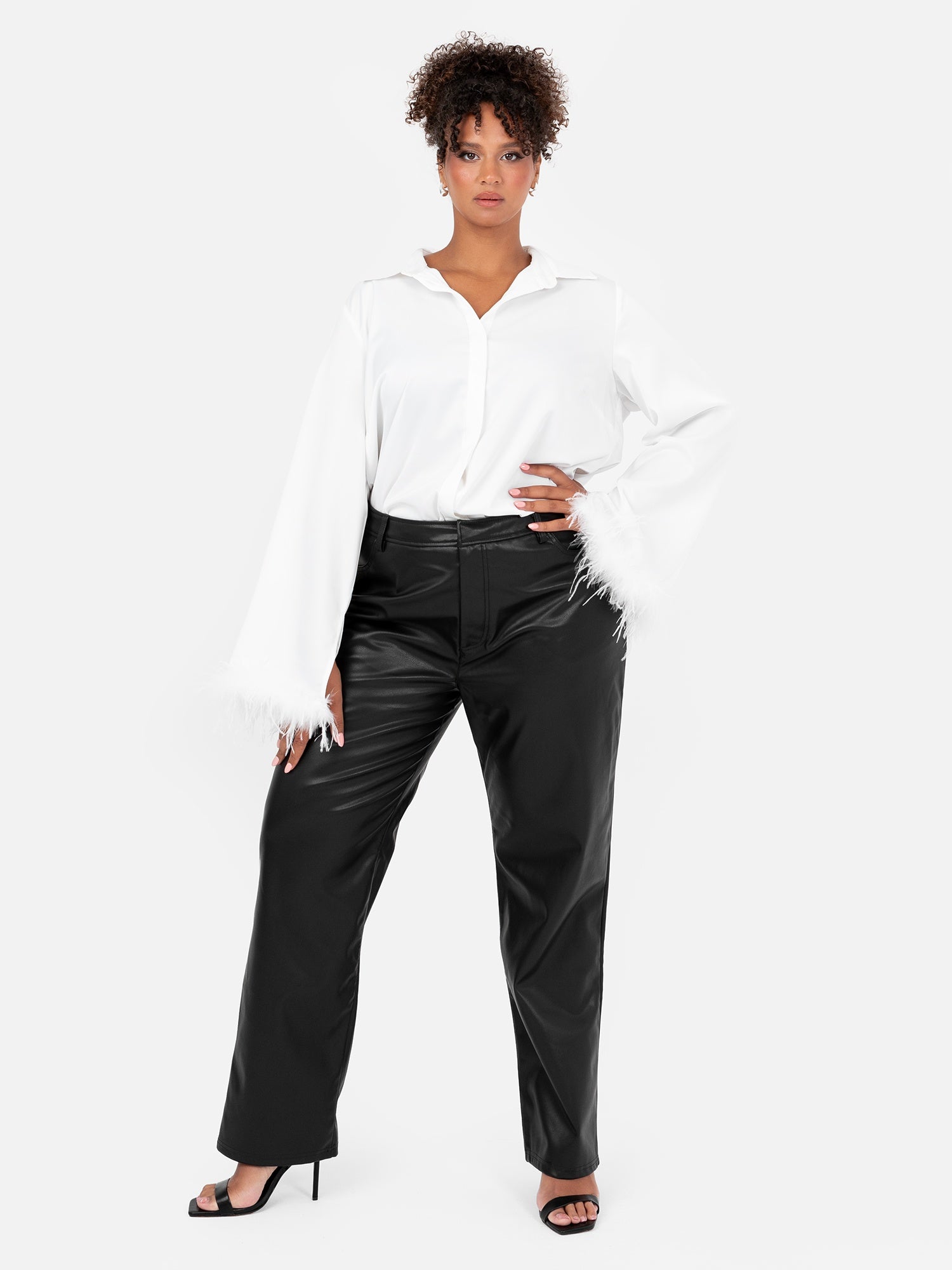 Lovedrobe White Satin Shirt With Feather Cuffs